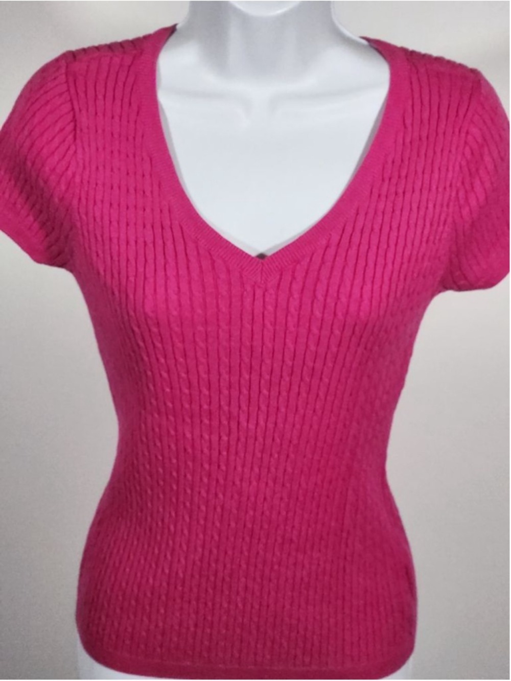 Jienne Pierre Hot Pink Ribbed V-Neck Tee Short Sleeve Fitted Casual Top Small